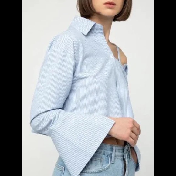 NWOT Oak + Fort Off-Shoulder Blouse in Blue/White Stripes - Picture 2 of 7
